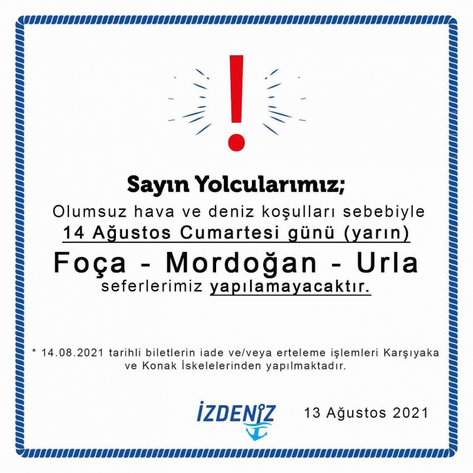 İZDENİZ Duyurdu, Seferler İptal 